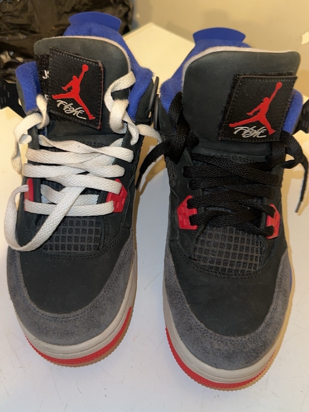 Jordan Kids Sneakers in Black, Gray & Red with Blue Tongue